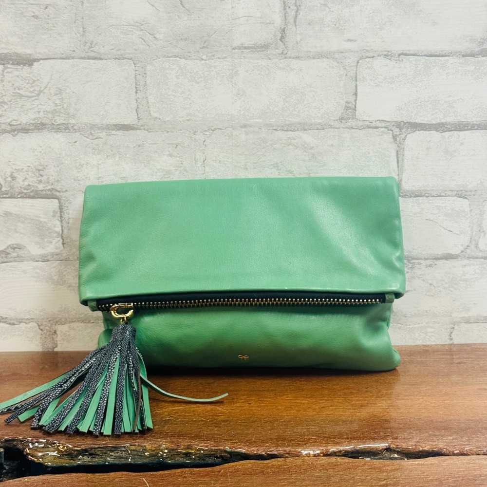 Anya Hindmarch Green Leather Foldover Tassel Clutch Bag